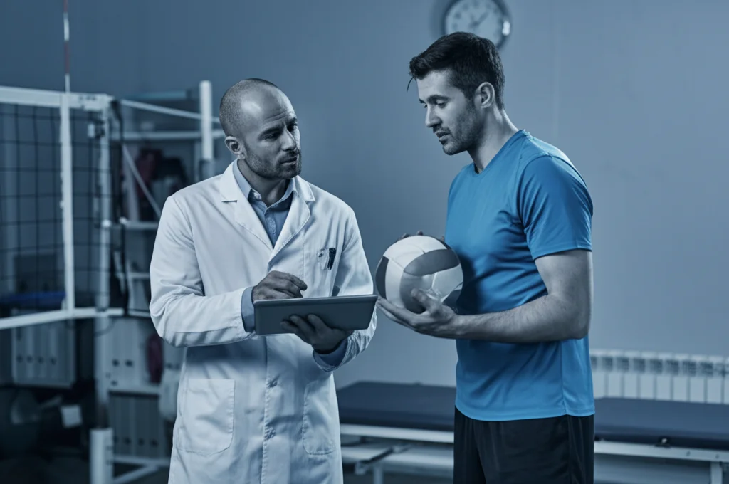 Ritratto di un fisioterapista sportivo che discute i risultati di un test di asimmetria con un giocatore di pallavolo, guardando un tablet in uno studio medico ben illuminato. Obiettivo prime 50mm, profondità di campo media, luce morbida, espressioni concentrate e professionali, duotone blu e grigio per un look clinico ma moderno.