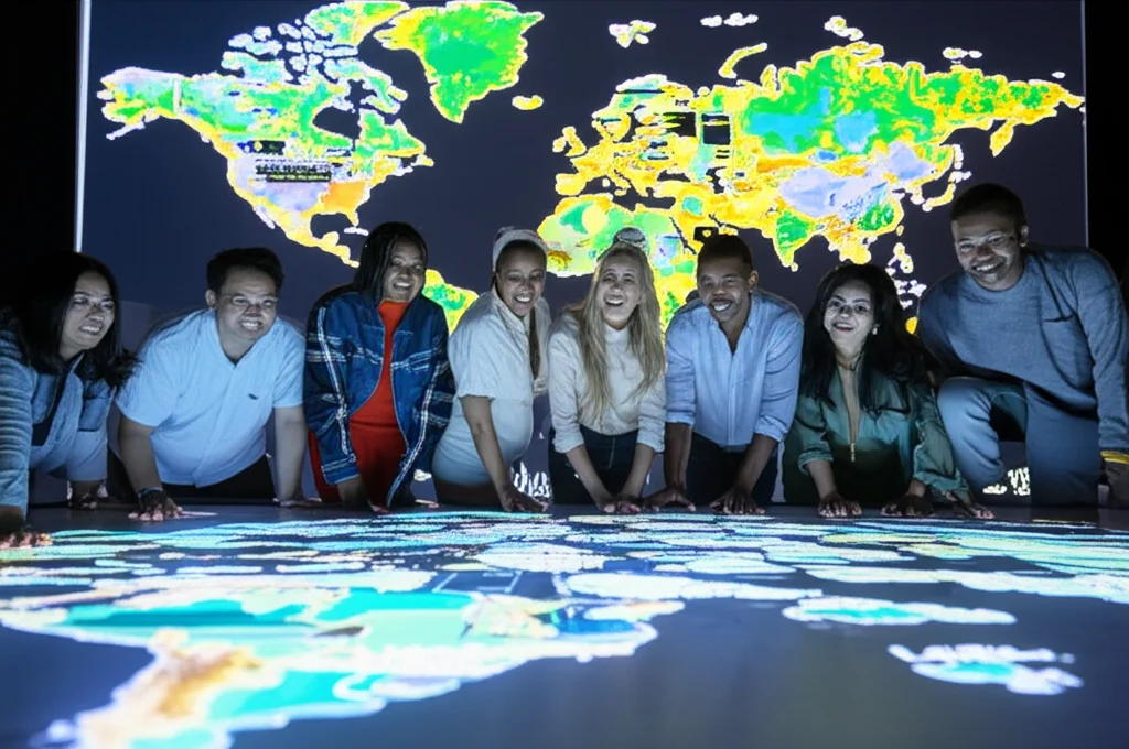 Fotografia di gruppo, persone diverse etnie e età, stile documentaristico, interagiscono sorridenti davanti a una mappa luminosa interattiva del mondo che mostra dati sull'equilibrio nella vita, obiettivo 35mm, profondità di campo media per includere sia le persone che la mappa, luce ambientale brillante e uniforme.