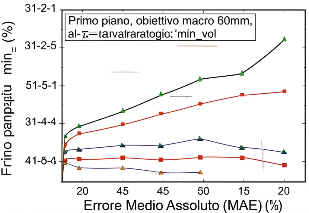 Primo piano, obiettivo macro 60mm, alta definizione, messa a fuoco precisa su un grafico che mostra l'Errore Medio Assoluto (MAE) diminuire nel tempo per diverse strategie di misura XRD, enfatizzando la convergenza più rapida del metodo 'min_vol'.