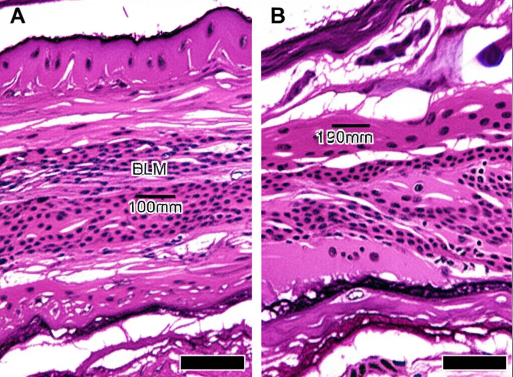 Microscopio ad alta risoluzione che mostra sezioni trasversali di pelle di topo. A sinistra, pelle normale di controllo. Al centro, pelle con fibrosi indotta da bleomicina (BLM), evidente ispessimento del derma e denso deposito di collagene colorato in blu (colorazione di Masson). A destra, pelle di topo knockout per A2A trattato con BLM, che mostra una significativa riduzione dell'ispessimento e del collagene. Lente macro, 100mm, illuminazione controllata per dettagli istologici, alta definizione.