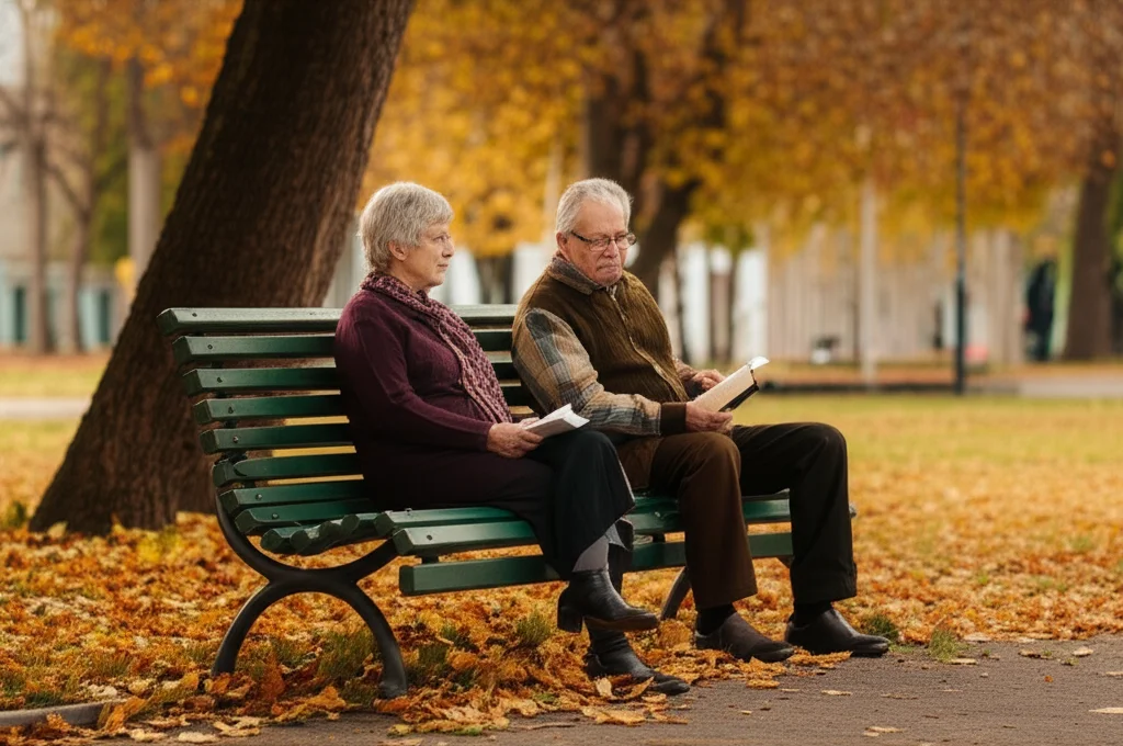 Ritratto di coppia anziana serena seduta su una panchina in un parco autunnale, lui legge un libro, lei guarda sorridendo verso l'orizzonte, obiettivo 50mm prime, luce calda del tardo pomeriggio, profondità di campo ridotta per sfocare lo sfondo di foglie colorate, stile realistico e toccante.