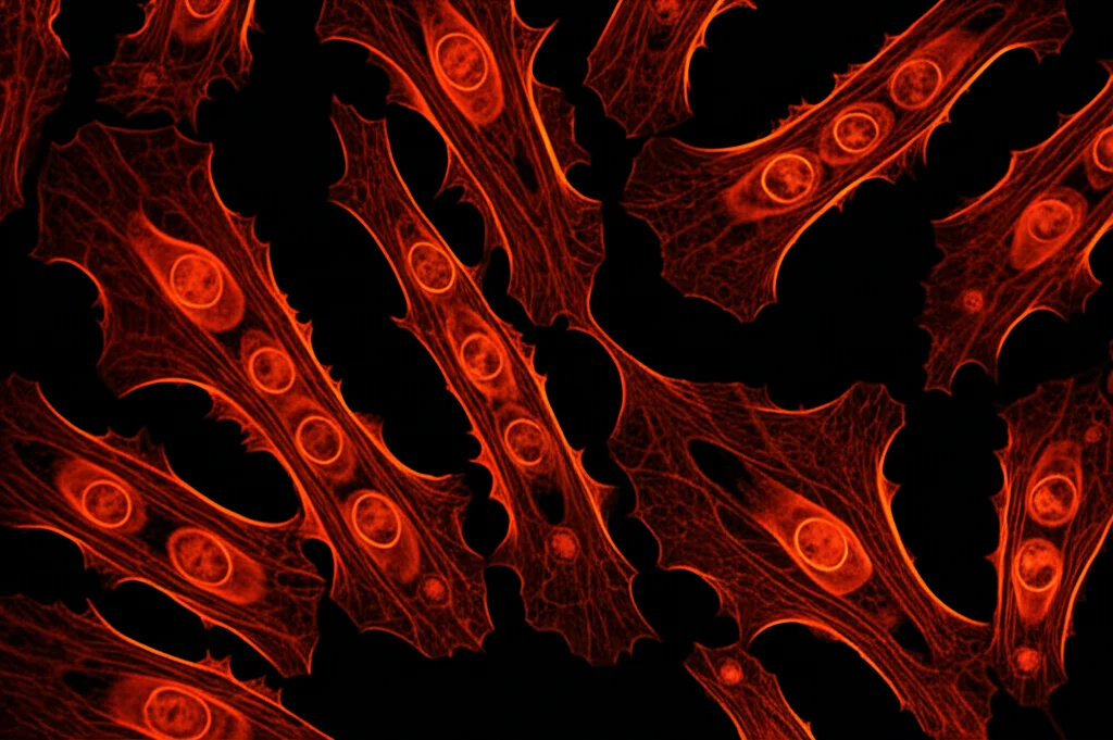 Visualizzazione microscopica di cellule del trabecolato umano in coltura, illuminate con luce controllata per evidenziare i dettagli cellulari. Lente macro, 100mm, alta definizione, messa a fuoco precisa.