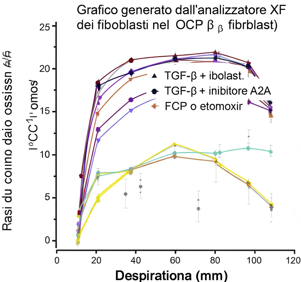Grafico generato dall'analizzatore Seahorse XF che mostra i tassi di consumo di ossigeno (OCR) dei fibroblasti nel tempo. Diverse linee colorate rappresentano diverse condizioni di trattamento (controllo, TGF-β, TGF-β + inibitore A2A). Si notano picchi e cali dopo l'iniezione di composti come oligomicina, FCCP ed etomoxir, evidenziando differenze nella respirazione mitocondriale e nella dipendenza dalla FAO. Stile grafico scientifico, chiaro e leggibile.