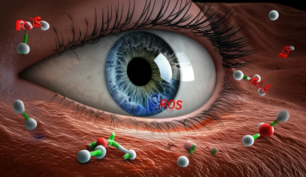 Illustrazione concettuale dello stress ossidativo in una cellula oculare, con molecole ROS visualizzate. Lente macro, 80mm, illuminazione drammatica, alta definizione.