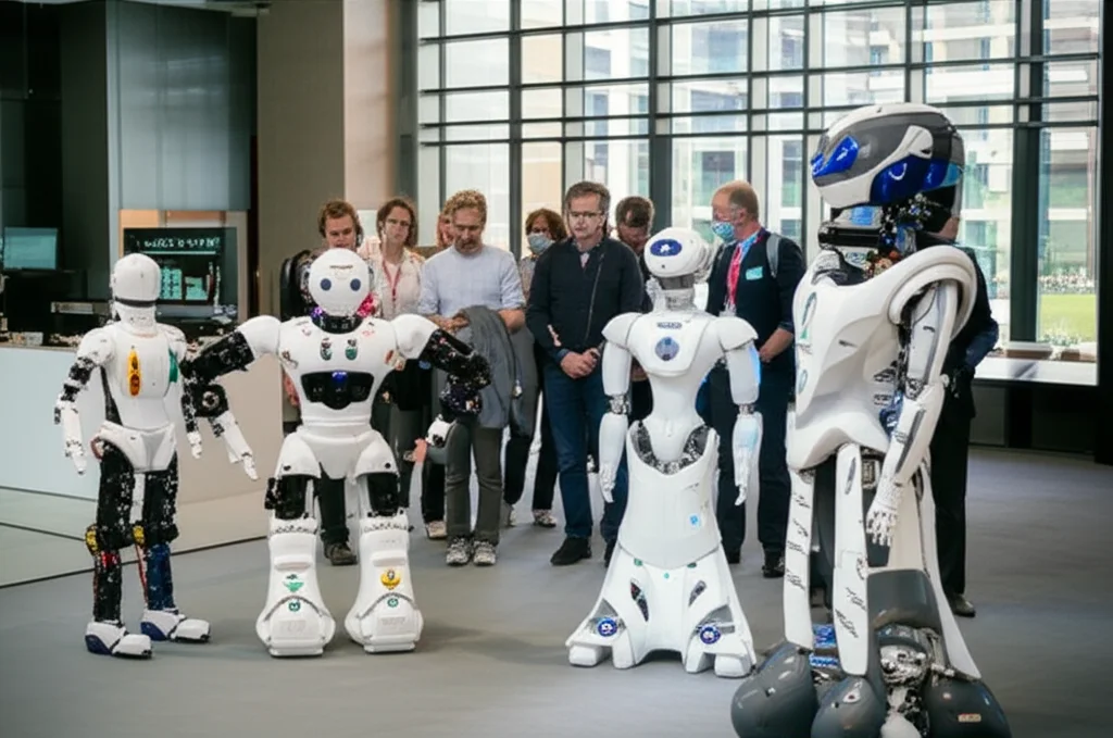 Un gruppo diversificato di persone interagisce con diversi tipi di robot (umanoidi, simili ad animali, funzionali) in un ambiente luminoso e moderno. Obiettivo grandangolare 24mm per catturare la scena ampia, messa a fuoco nitida, luce naturale.