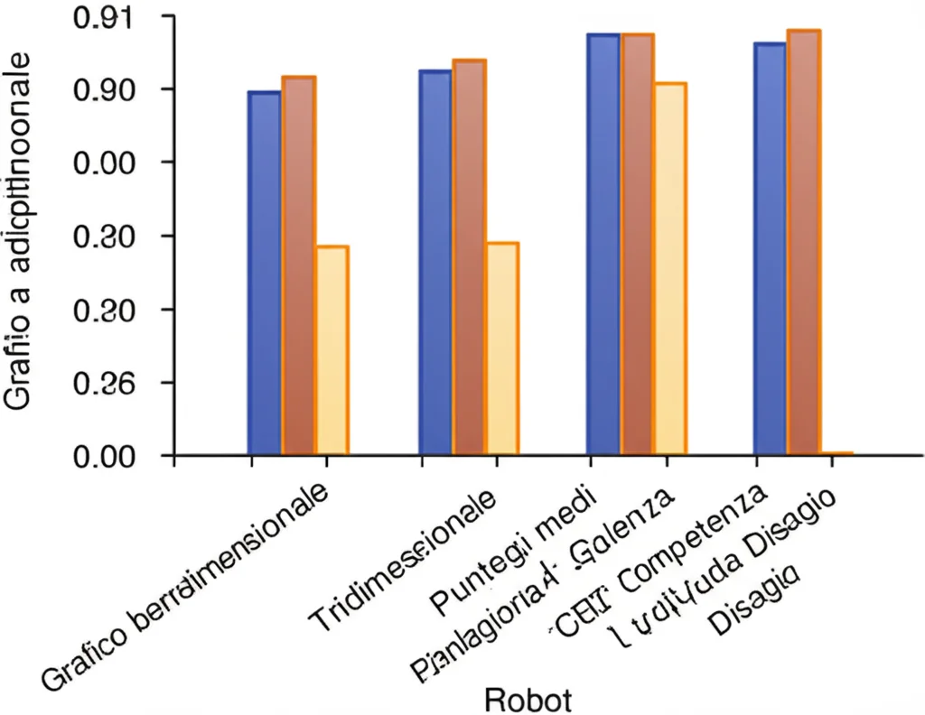 Grafico a barre tridimensionale che mostra i punteggi medi di Calore, Competenza e Disagio per diversi tipi di robot, visualizzazione dati scientifici, colori vivaci su sfondo scuro, alta risoluzione.