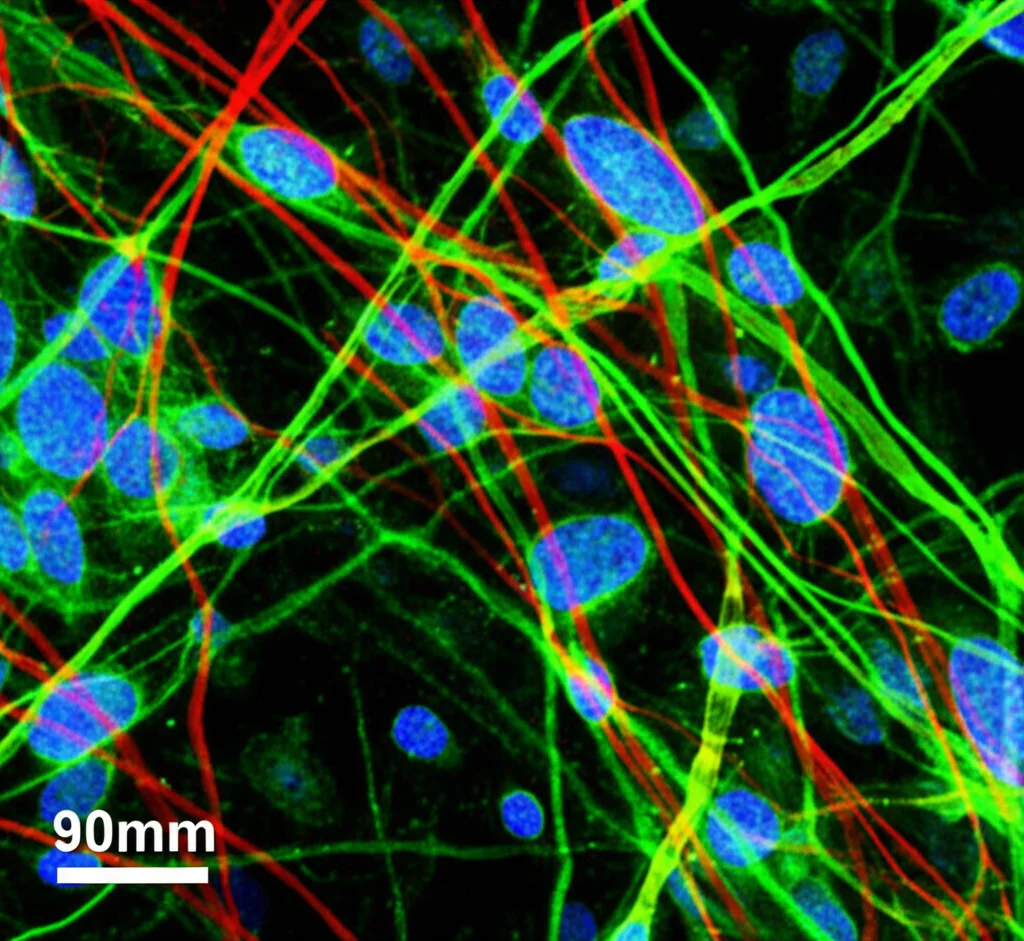 Immagine al microscopio a fluorescenza che mostra l'accumulo di proteine della matrice extracellulare (collagene e fibronectina, evidenziate in colori vivaci) attorno alle cellule del trabecolato dopo esposizione ad alto glucosio. Lente macro, 90mm, alta definizione, illuminazione specifica per fluorescenza.