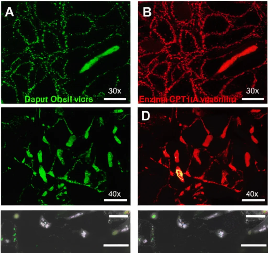 Immagine al microscopio a immunofluorescenza di tessuto cutaneo di topo. Si vedono i fibroblasti marcati in rosso (Vimentina) e l'enzima CPT1A marcato in verde. Nel topo di controllo trattato con BLM, il segnale verde è debole nei fibroblasti. Nel topo con knockout di A2A specifico per i fibroblasti trattato con BLM, il segnale verde per CPT1A è molto più intenso, indicando un ripristino dell'espressione. Lente obiettivo 40x, alta risoluzione, colori vivaci su sfondo scuro.