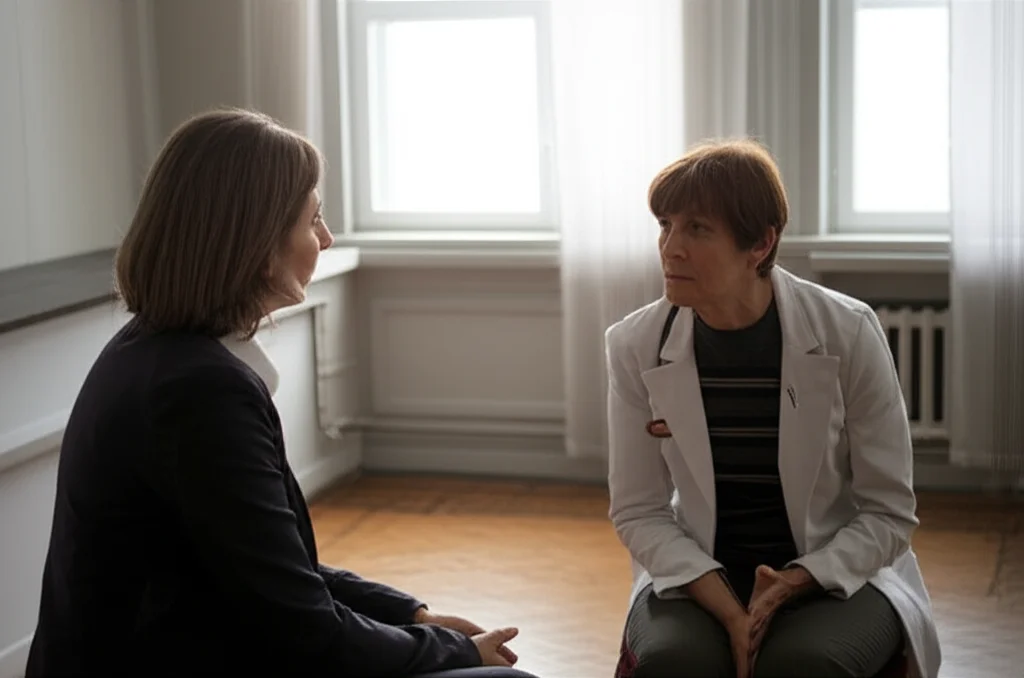 Un medico dall'aspetto empatico siede di fronte a un adolescente in una stanza di consulenza ospedaliera, luce soffusa e tranquilla. L'adolescente appare pensieroso ma non angosciato. Obiettivo prime 35mm, profondità di campo, bianco e nero film, per sottolineare l'intimità e la serietà della conversazione.