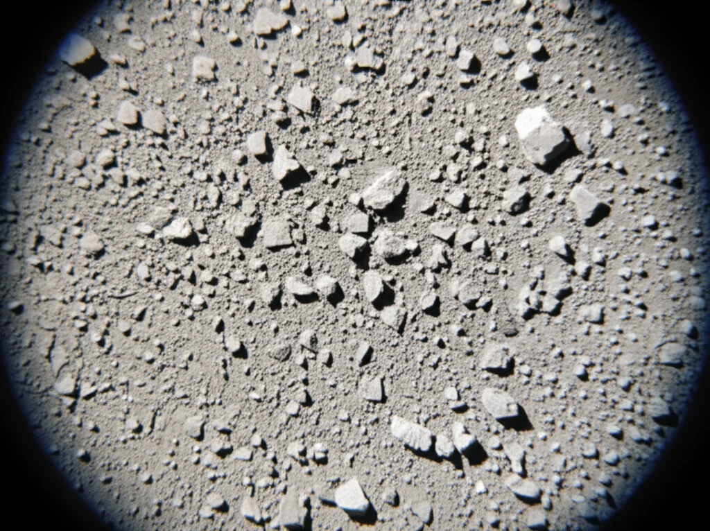 Fotografia macro di un campione di regolite lunare grigiastra prelevato dal sito di atterraggio di Chandrayaan-3, illuminazione controllata per evidenziare diverse granulometrie e potenziali inclusioni minerali, obiettivo macro 90mm, alta definizione.