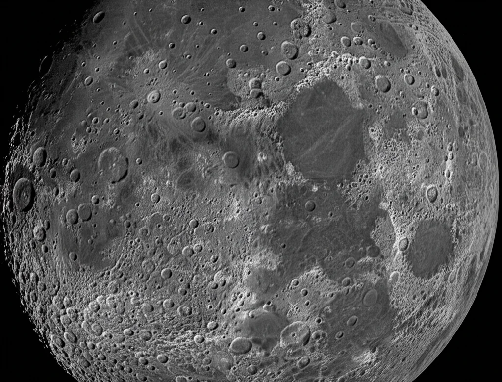 Fotografia grandangolare astronomica che mostra una vasta porzione della superficie lunare butterata di crateri, con il gigantesco Bacino Polo Sud-Aitken in evidenza. Luce radente per accentuare il rilievo. Obiettivo grandangolare 15mm, messa a fuoco nitida, lunga esposizione simulata per catturare dettagli deboli.
