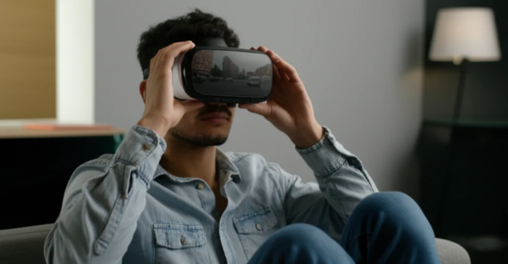 Fotografia realistica di una persona che indossa un visore VR, seduta comodamente. L'espressione è concentrata e immersa. Nel riflesso delle lenti del visore si intravede una scena di quartiere urbano a 360 gradi. L'illuminazione è controllata, mettendo in risalto il soggetto e il dispositivo tecnologico. Prime lens, 35mm, depth of field.