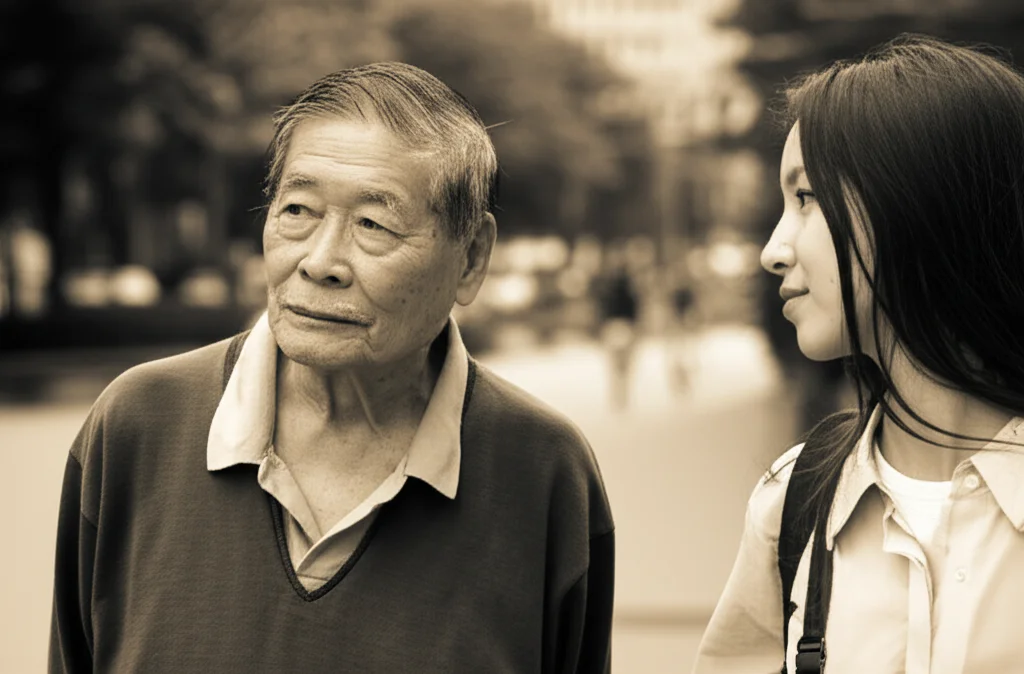 Fotografia di ritratto di un uomo anziano taiwanese pensieroso accanto a una giovane donna moderna a Taipei, obiettivo 35mm, profondità di campo, toni duotone seppia e grigio.