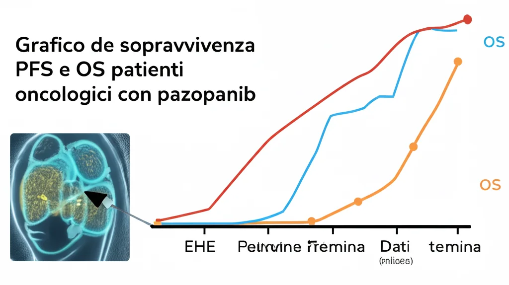 Grafico stilizzato che mostra curve di sopravvivenza PFS e OS per pazienti oncologici con EHE trattati con pazopanib, focus su dati a lungo termine, illuminazione controllata, stile infografica medica realistica, obiettivo 35mm.