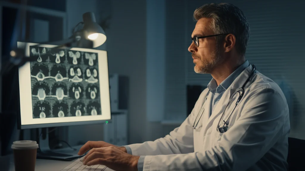Primo piano di un medico oncologo che esamina attentamente una TAC polmonare di un paziente con EHE su uno schermo luminoso, espressione concentrata, profondità di campo, luce soffusa da ufficio medico, obiettivo 50mm, film noir.