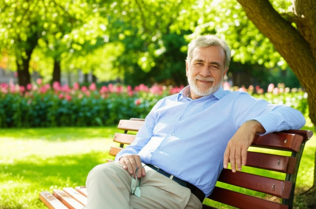 Ritratto fotografico di un uomo di mezza età seduto su una panchina in un parco durante una giornata estiva soleggiata, obiettivo 35mm, profondità di campo, colori vivaci, che esprime un senso di benessere mentale e relax.
