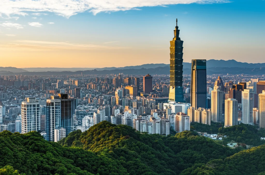 Paesaggio grandangolare che mostra il contrasto tra un moderno skyline urbano di Taipei e una zona rurale tradizionale taiwanese sullo sfondo, obiettivo grandangolare 15mm, messa a fuoco nitida, luce del tardo pomeriggio.