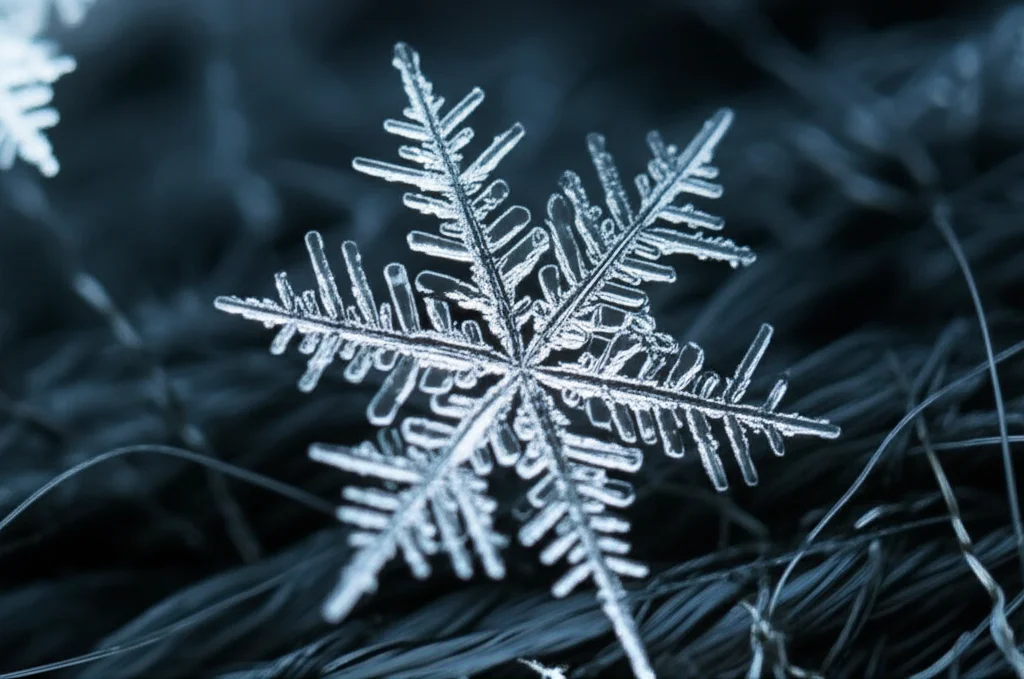 Scatto macro di un fiocco di neve su una superficie scura, obiettivo 100mm macro, alta definizione, illuminazione controllata per evidenziare la struttura cristallina, simboleggiando la stagione invernale e il potenziale impatto sul dolore e sulla percezione fisica.