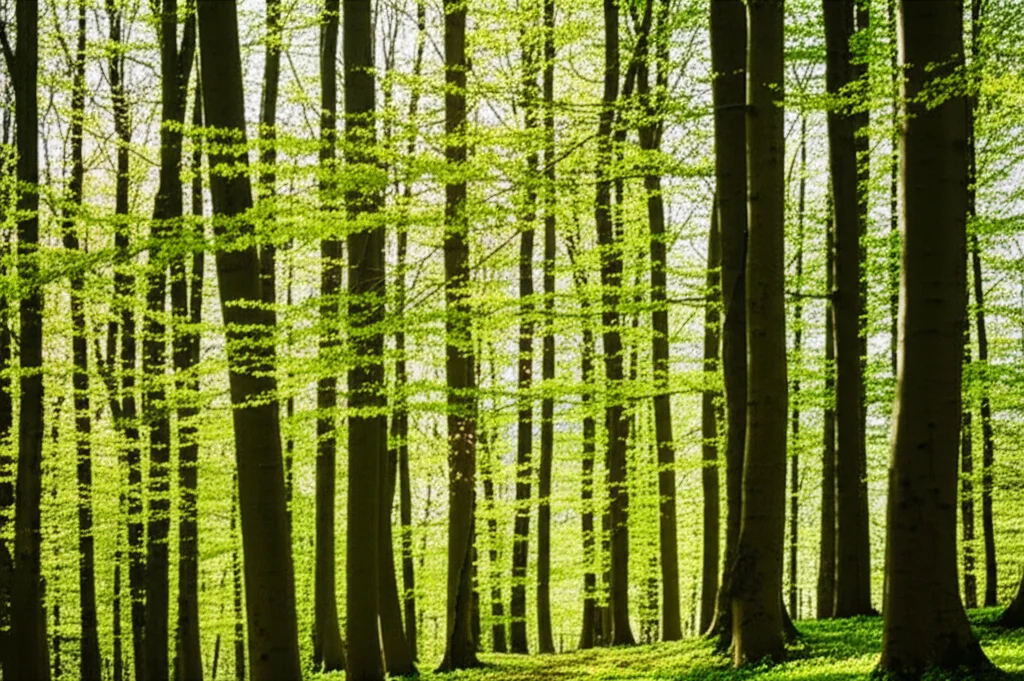 Paesaggio grandangolare di una foresta durante la primavera, con alberi che iniziano a germogliare e luce solare che filtra tra i rami, obiettivo 24mm, messa a fuoco nitida, che rappresenta il cambiamento stagionale e il potenziale impatto sulla vitalità fisica.