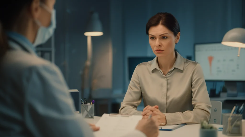 Primo piano di una donna dall'aspetto preoccupato seduta nello studio di un medico, luce soffusa, stile documentaristico, obiettivo 35mm, profondità di campo ridotta per sfocare lo sfondo con strumenti medici. La donna tiene le mani giunte in grembo.