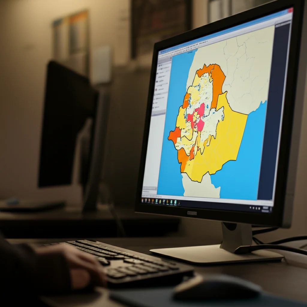 Mappa digitale della regione Amhara, Etiopia, visualizzata su uno schermo di computer in un ufficio di analisi dati. Obiettivo macro 100mm, high detail, precise focusing, illuminazione controllata da ufficio, che mostra chiaramente le zone hotspot evidenziate con colori vivaci (rosso/arancione) per la positività HIV e l'inizio della terapia ART.