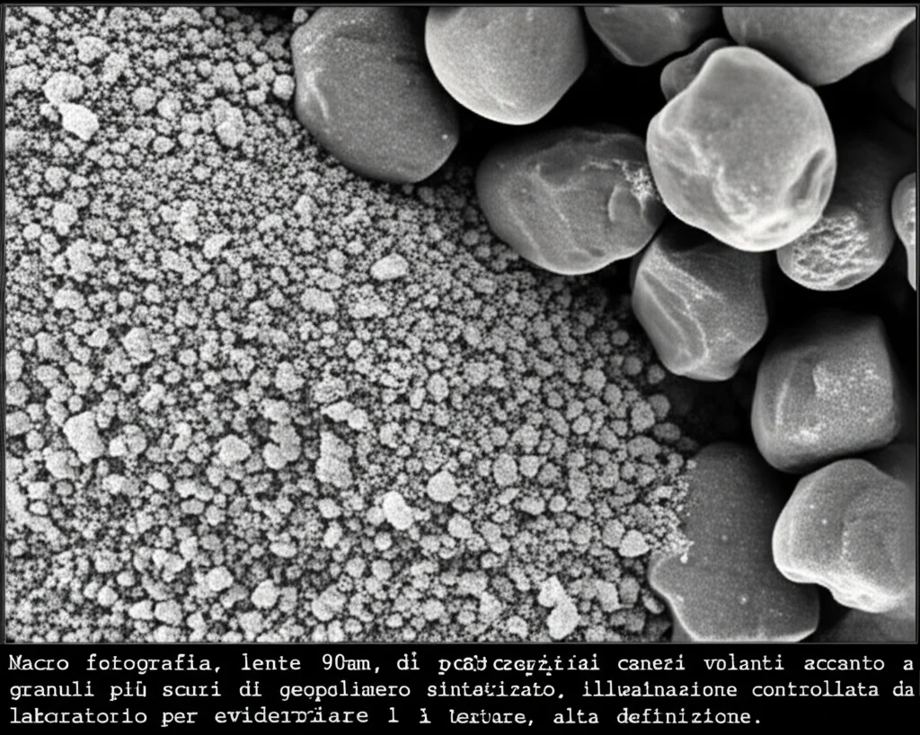 Macro fotografia, lente 90mm, di polvere grigia di ceneri volanti accanto a granuli più scuri di geopolimero sintetizzato, illuminazione controllata da laboratorio per evidenziare la texture, alta definizione.