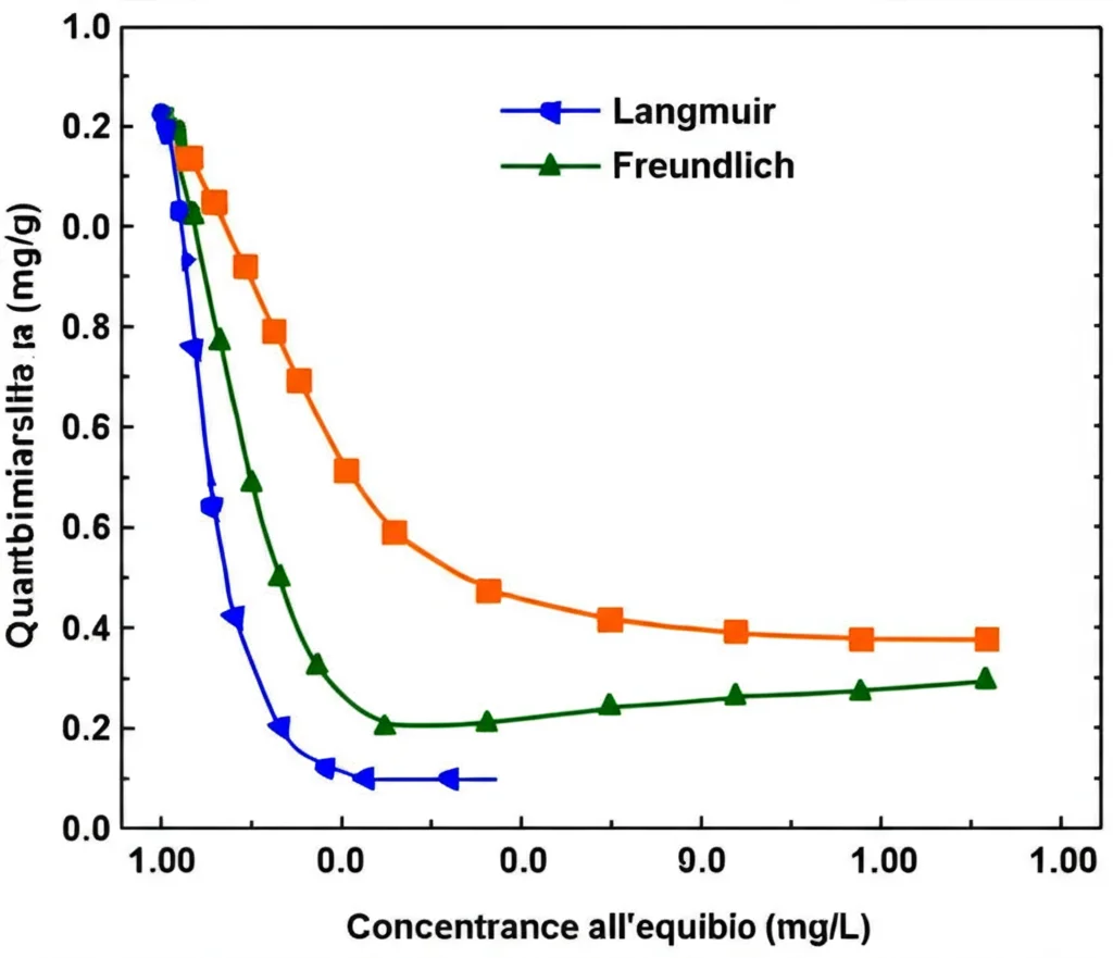 Grafico scientifico stilizzato che mostra le curve delle isoterme di Langmuir e Freundlich, con punti dati sperimentali per l'adsorbimento di Cr(VI) e Cd(II) su geopolimero.