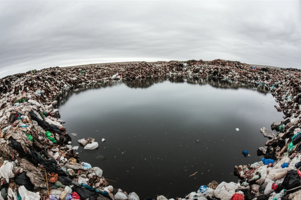 Fotografia paesaggistica, wide-angle 15mm, di una discarica con cumuli di rifiuti e un laghetto di percolato scuro in primo piano, cielo nuvoloso, per rappresentare la fonte dell'inquinamento da trattare.