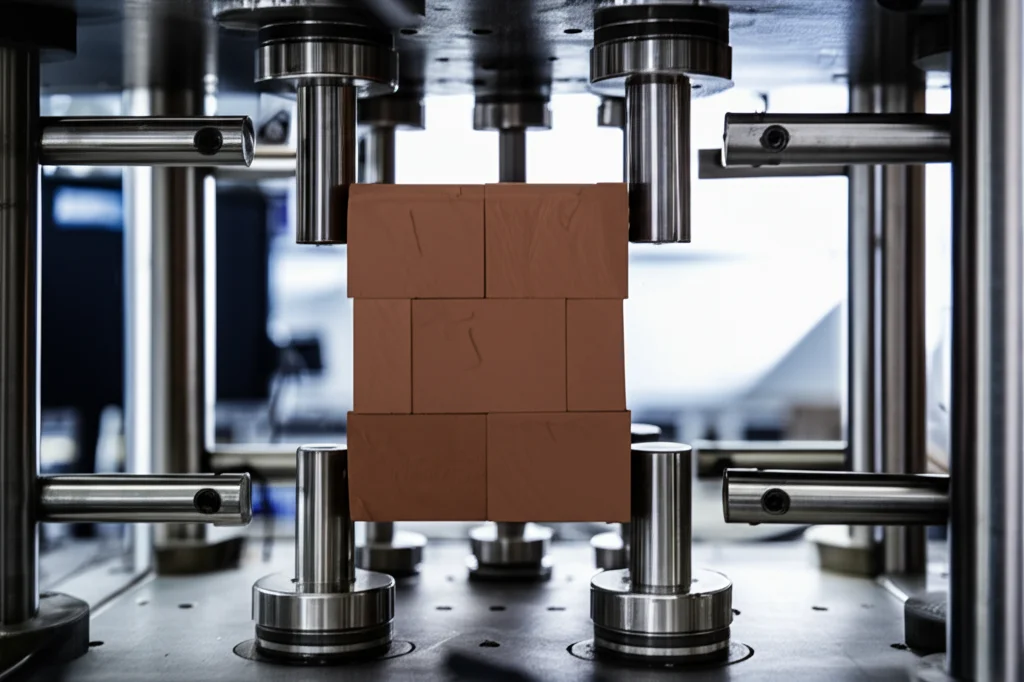 Primo piano di un campione cubico di argilla caolino all'interno di un apparato per prove triassiali vere in un laboratorio geotecnico. Si vedono i pistoni che applicano pressione sulle facce del campione. Illuminazione controllata, alta definizione, obiettivo macro 100mm.