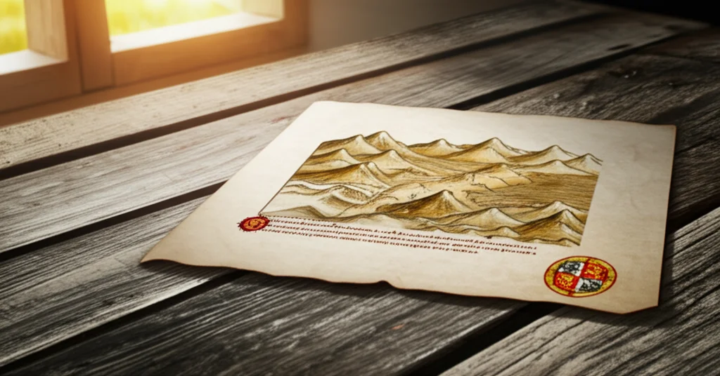 Ricostruzione fotorealistica di una pergamena medievale aperta su un tavolo di legno grezzo. La pergamena mostra una mappa stilizzata di un territorio alpino con aree designate come 'beni comuni' e il sigillo del Principato Vescovile di Trento. Luce soffusa da finestra laterale. Obiettivo prime 50mm, profondità di campo ridotta per focalizzare sul documento.