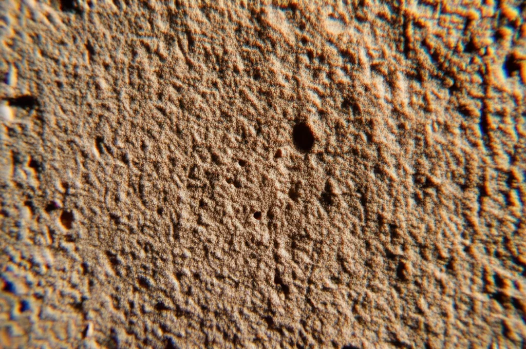 Fotografia macro di una sezione trasversale di roccia arenaria prelevata da una miniera, lente macro 90mm, illuminazione laterale controllata per evidenziare la grana e le microfratture indotte da stress, alta definizione, sfondo neutro.