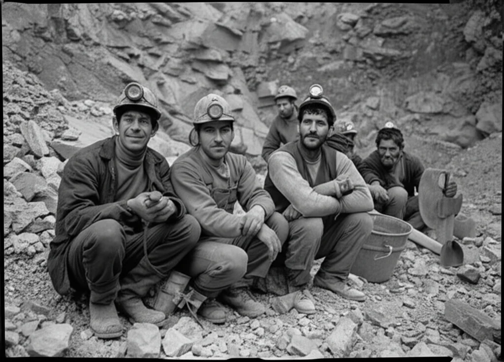 Fotografia stile reportage anni '70, bianco e nero, obiettivo 35mm. Ritrae operai cavatori di porfido al lavoro in una cava del Trentino durante una pausa. Volti segnati dalla fatica ma con un accenno di orgoglio o cameratismo. Attrezzatura d'epoca visibile sullo sfondo. Profondità di campo media.
