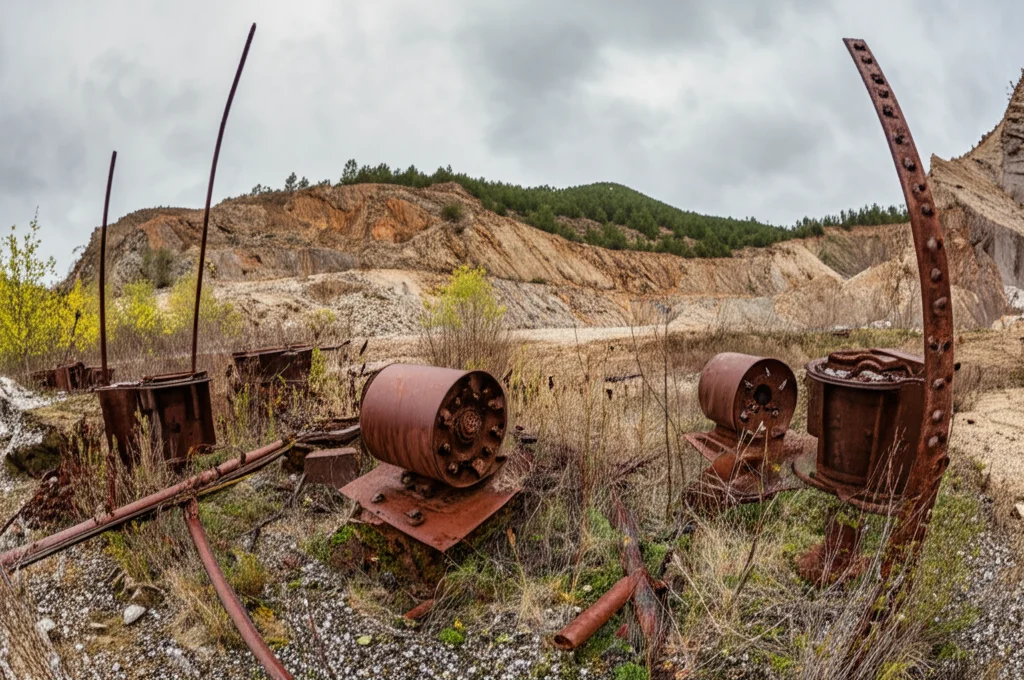 Fotografia paesaggistica, grandangolo 20mm, di una sezione di cava di porfido parzialmente abbandonata nel Trentino. Attrezzature arrugginite lasciate sul posto, vegetazione che inizia a riconquistare l'area. Cielo nuvoloso e luce piatta che trasmettono un senso di malinconia e declino. Messa a fuoco nitida su tutta la scena.
