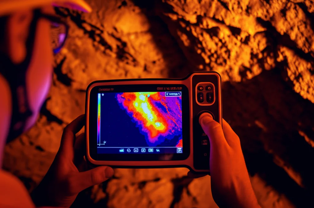 Immagine termica a infrarossi di una parete rocciosa in una galleria sotterranea, visualizzata su uno schermo di un dispositivo portatile tenuto da un ingegnere con elmetto, le aree calde (stress) sono in rosso/giallo, quelle fredde in blu/viola, stile documentaristico, messa a fuoco selettiva sul display.