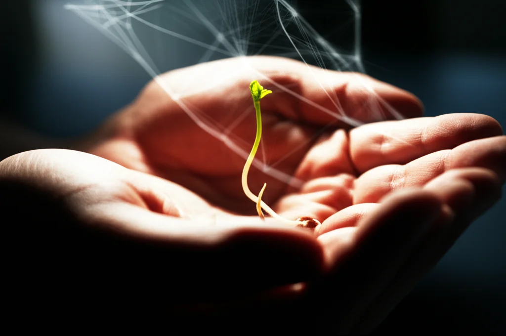 Macro fotografia, 85mm lens, che mostra due mani diverse che si scambiano delicatamente un seme luminoso che germoglia, simbolo di mutuo beneficio e crescita. Lo sfondo è sfocato ma suggerisce una rete complessa di connessioni umane. Illuminazione controllata, alta definizione.