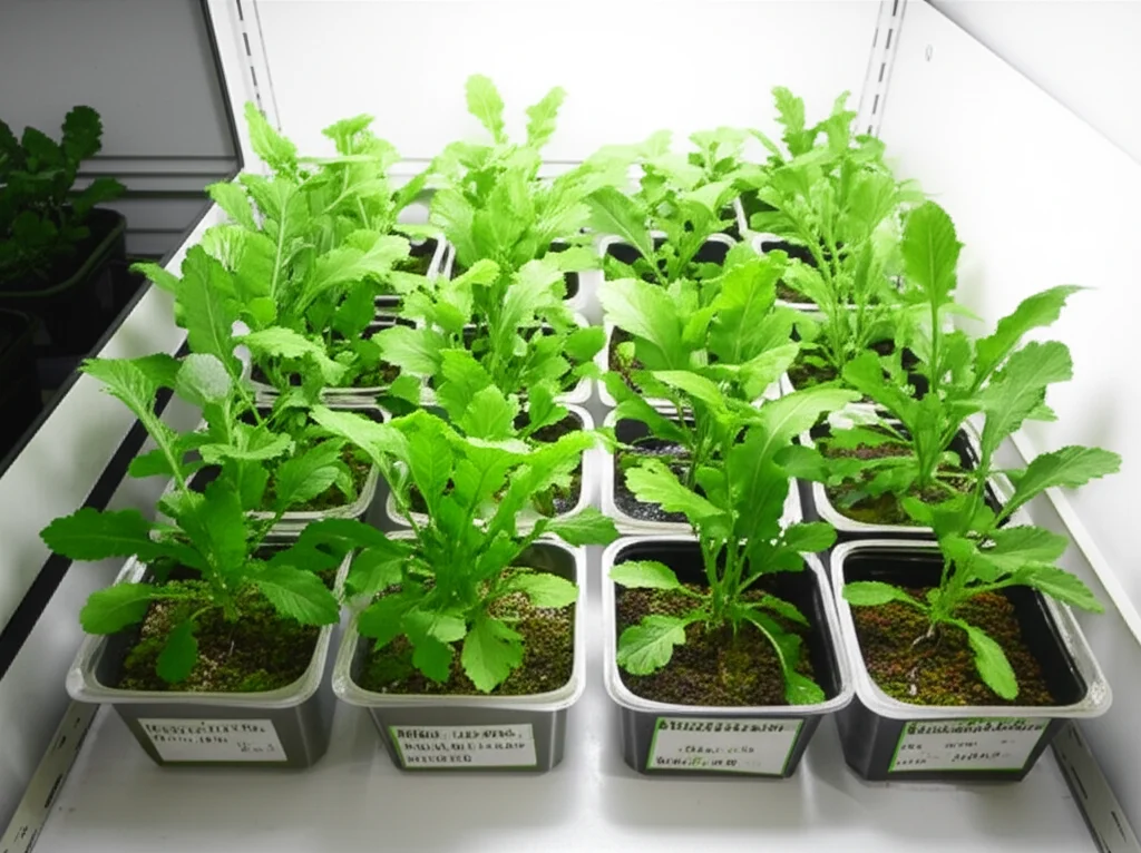 Piante di Arabidopsis thaliana in piccoli vasi su un banco di laboratorio. Alcune piante (mutanti hpr1) appaiono piccole e giallastre, mentre una pianta al centro (soppressore shpr7) è visibilmente più grande e verde, sotto una luce intensa simulata. Macro lens 60mm, alta definizione, luce controllata da laboratorio.