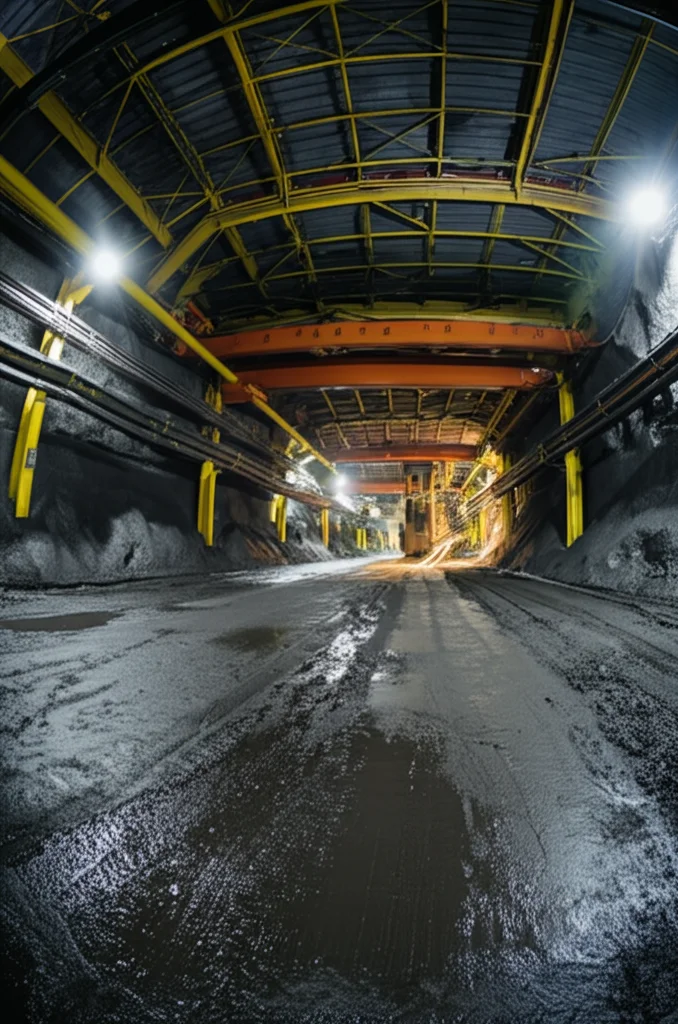 Veduta grandangolare all'interno di una moderna galleria mineraria di carbone, illuminata da potenti fari, con macchinari di scavo visibili in lontananza e supporti idraulici che sostengono il tetto, obiettivo grandangolare 15mm, lunga esposizione per catturare la vastità dello spazio, messa a fuoco nitida su tutta la scena.