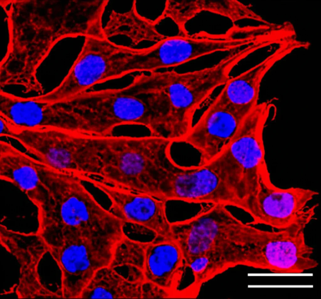 Micrografia a fluorescenza di una sezione di tessuto cutaneo da innesto; si vedono chiaramente vasi sanguigni (CD31, verde brillante) circondati da cellule (nuclei DAPI, blu) e potenziali cellule staminali (CD34, magenta). Immagine scientifica ad alta risoluzione, contrasto elevato, come vista al microscopio confocale.