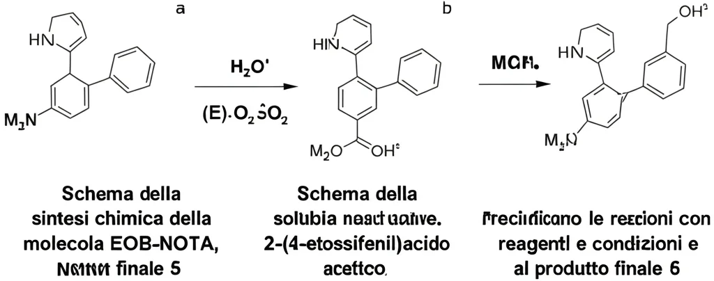 Schema della sintesi chimica della molecola EOB-NOTA, mostrando i passaggi chiave dalla materia prima 2-(4-etossifenil)acido acetico all'intermedio protetto 5 e al prodotto finale 6. Frecce indicano le reazioni con reagenti e condizioni. Immagine stile diagramma chimico, pulita e chiara.