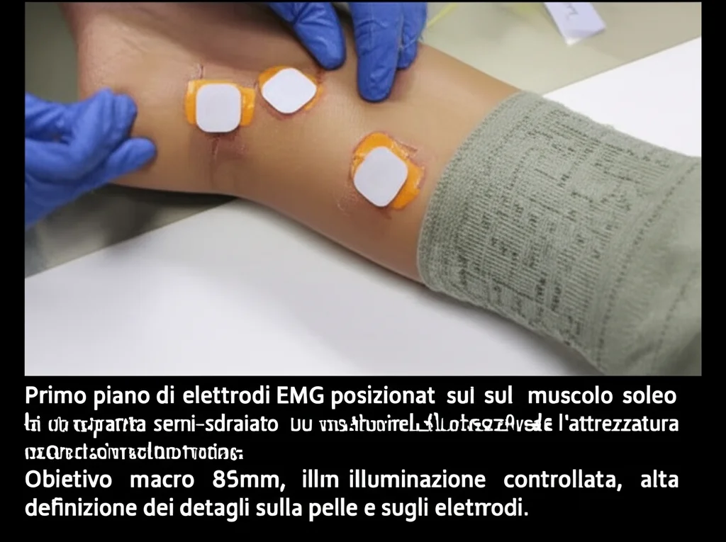 Primo piano di elettrodi EMG posizionati sul muscolo soleo di un partecipante semi-sdraiato su un lettino da laboratorio. Si intravede l'attrezzatura per la stimolazione nervosa. Obiettivo macro 85mm, illuminazione controllata, alta definizione dei dettagli sulla pelle e sugli elettrodi.