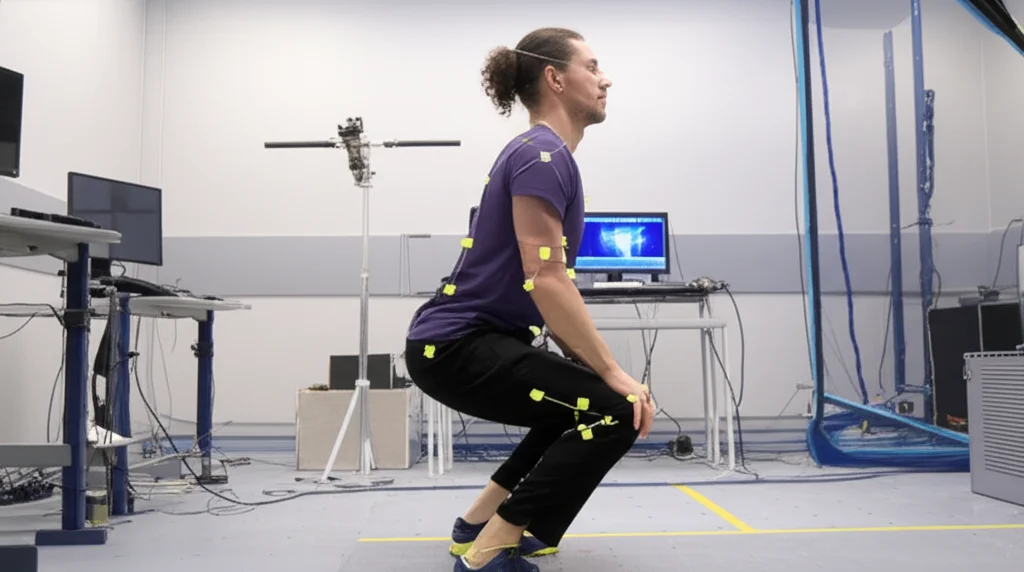 Persona che mantiene una posizione di squat parziale (un quarto di squat) in un laboratorio di biomeccanica, vista di profilo. Attrezzatura visibile sullo sfondo. Teleobiettivo zoom 150mm, velocità otturatore elevata per catturare la stabilità posturale, tracciamento del movimento.