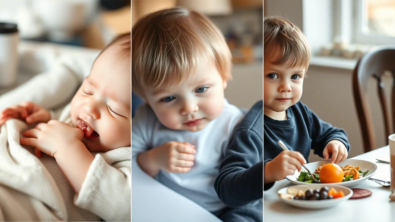 Un collage di foto che mostra un neonato che mangia la pappa, un bambino all'asilo che fa merenda e un bambino in età scolare seduto a tavola per cena. L'immagine dovrebbe trasmettere il concetto di continuità delle abitudini alimentari nel tempo. Obiettivo prime 35mm, luce naturale diffusa, colori caldi e accoglienti.