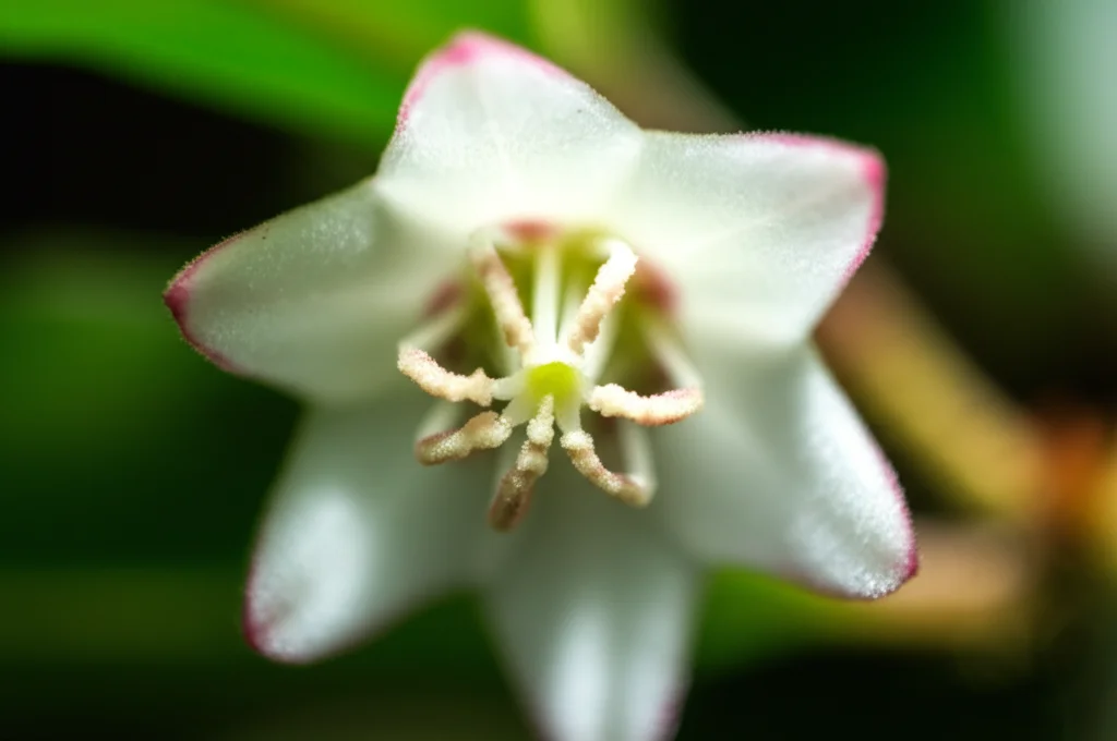 Fotografia macro di un fiore di Blakea graciliflora, obiettivo macro 100mm, che mostra i petali bianchi con punte rosa, l'anello di stami color crema e le piccole bratteole alla base. Alta definizione, messa a fuoco precisa, illuminazione controllata, su sfondo sfocato di fogliame della foresta nebulosa andina.