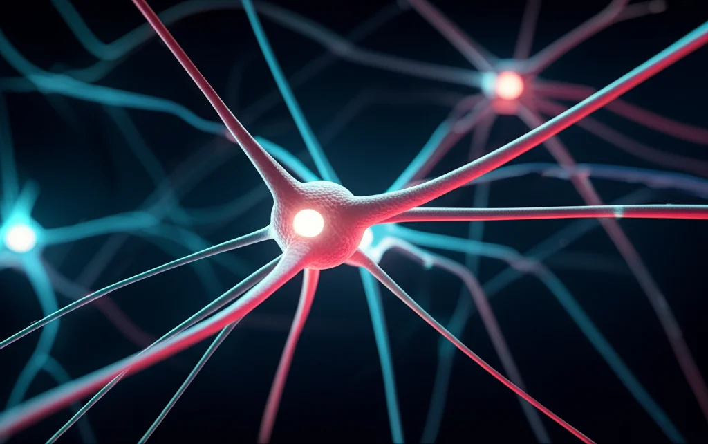 Visualizzazione astratta di segnali neurali complessi che si interconnettono, rappresentando la modulazione dei riflessi nel sistema nervoso centrale. Colori vivaci su sfondo scuro, stile grafico moderno, effetto profondità di campo.
