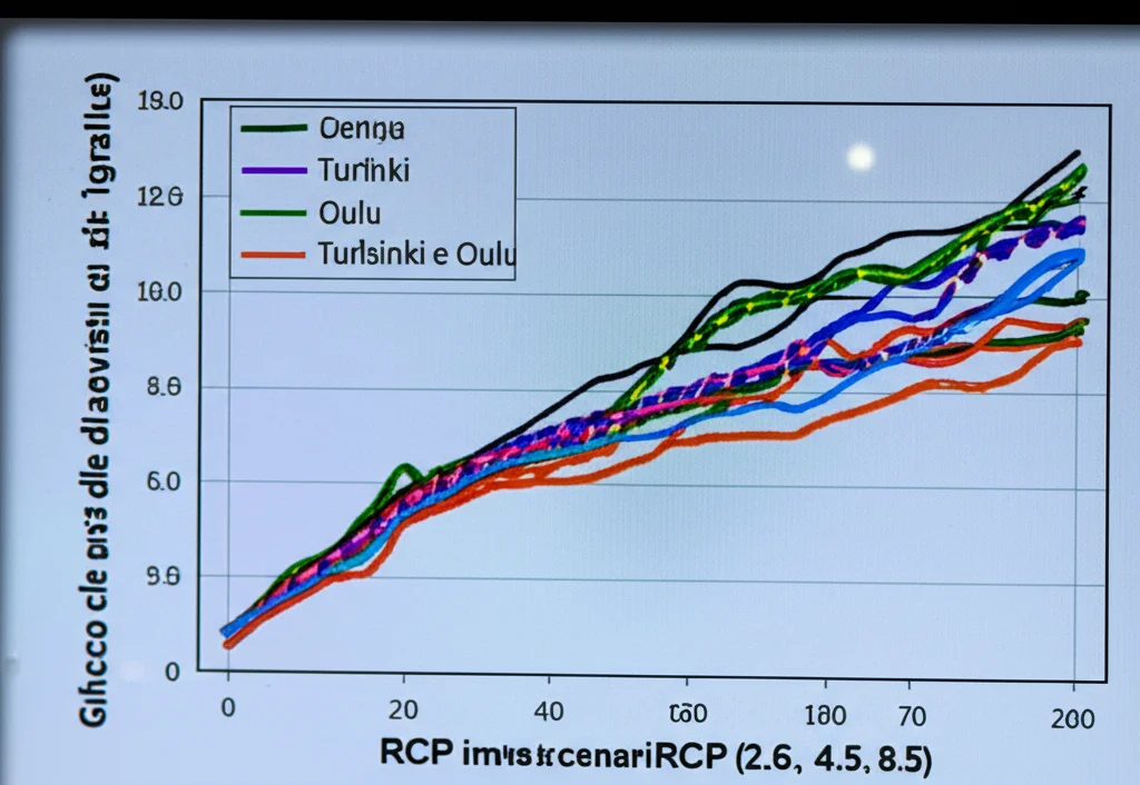 Grafico che mostra l'aumento previsto delle ondate di calore annuali a Helsinki, Turku e Oulu secondo diversi scenari RCP (2.6, 4.5, 8.5) fino al 2100. Fotografia di un display digitale scientifico, obiettivo macro 100mm, alta definizione, illuminazione controllata per evidenziare le curve dei grafici.