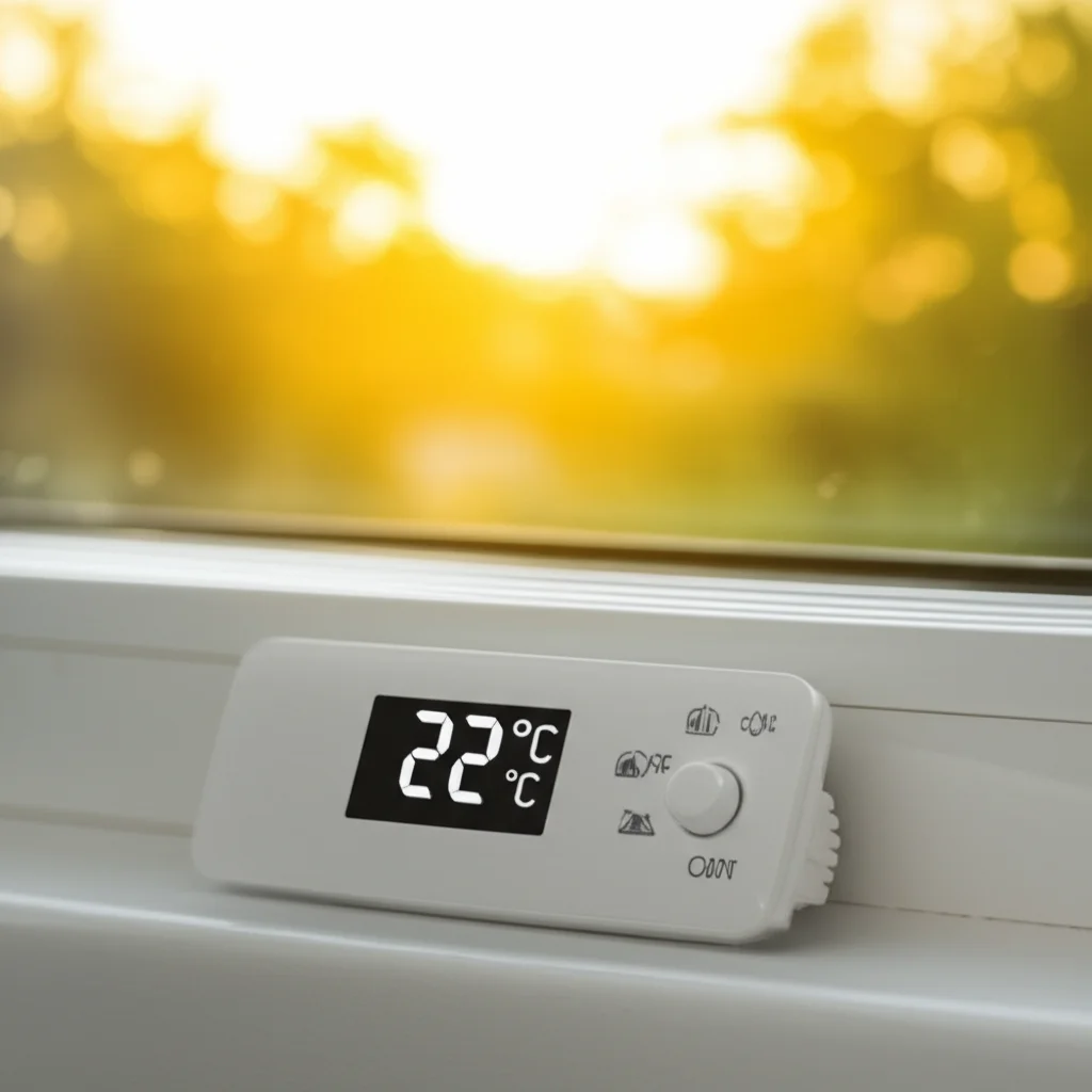Primo piano di un termostato moderno che mostra una temperatura interna confortevole (es. 22°C) mentre fuori dalla finestra si intravede una giornata estiva molto calda e luminosa. Obiettivo macro 60mm, messa a fuoco precisa sul display del termostato, luce controllata, effetto bokeh sullo sfondo esterno.
