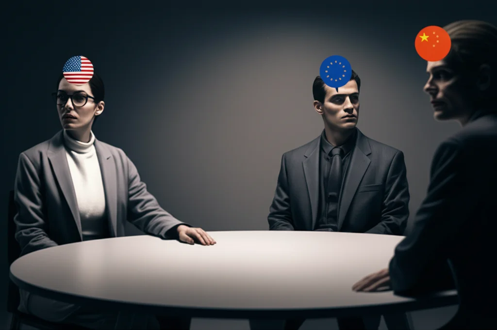 Fotografia ritratto, 35mm, stile film noir con toni blu e grigi duotone. Tre figure sedute a un tavolo rotondo, rappresentanti USA, Cina e UE (identificabili da simboli discreti), guardano in direzioni opposte, con espressioni tese, simboleggiando la difficoltà di cooperazione sulla governance dell'IA. Profondità di campo ridotta per isolare le figure.
