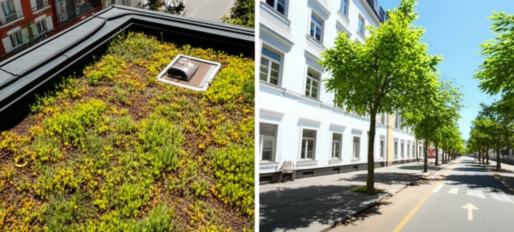 Immagine composita che mostra diverse soluzioni di adattamento urbano al caldo: un tetto verde lussureggiante, una strada alberata con ampia ombra, una facciata di edificio con vernice bianca riflettente. Fotografia architettonica, obiettivo grandangolare 24mm, luce solare brillante, colori vividi, alta definizione.