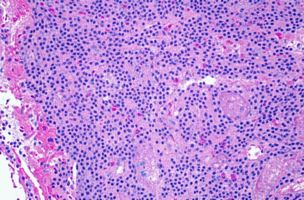 Microfotografia ad alta definizione di tessuto tumorale ovarico SLCT, obiettivo macro 100mm, illuminazione controllata, che mostra cellule di Sertoli e Leydig con diversi gradi di differenziazione e pattern istologici variabili, evidenziando la complessità diagnostica.