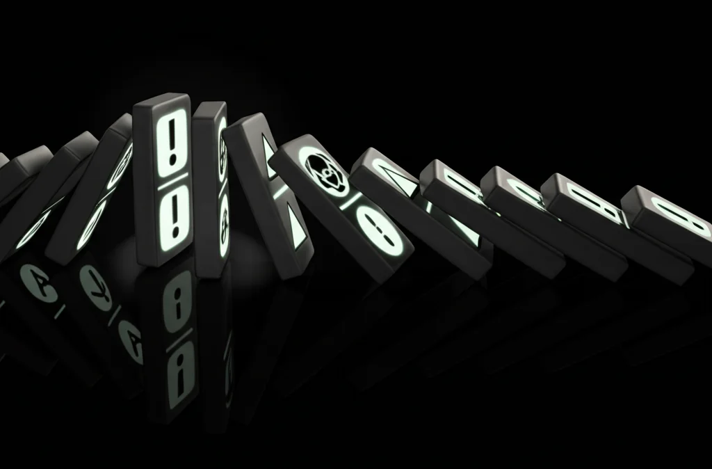 Immagine fotorealistica di un effetto domino in corso su una superficie scura e riflettente. Le tessere, alcune luminose con simboli di IA, altre opache con simboli di pericolo (teschio, punto esclamativo), cadono una dopo l'altra, simboleggiando i rischi a cascata della non cooperazione nella governance dell'IA. Obiettivo macro 100mm, alta definizione, illuminazione laterale drammatica.